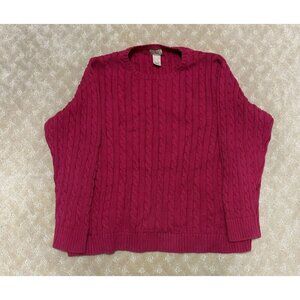 L.L. Bean Sweater Women's 1X Plus Pink Cotton Cable Knit Crewneck Pullover